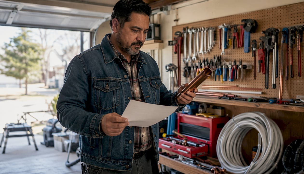 Plumber inspecting pipes with checklist in basement
