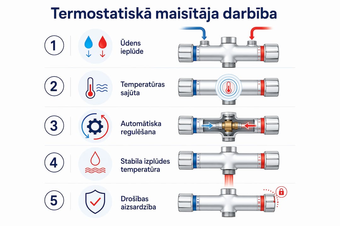 Infografika: kā soli pa solim darbojas termostatiskie maisītāji