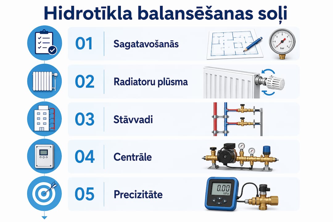 Infografika ar hidrauliskās balansēšanas procesa galvenajiem soļiem