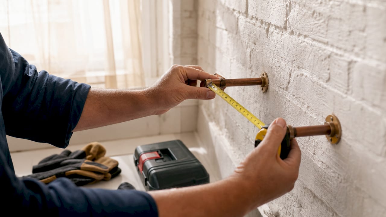 Hands measuring pipe centers for radiator installation