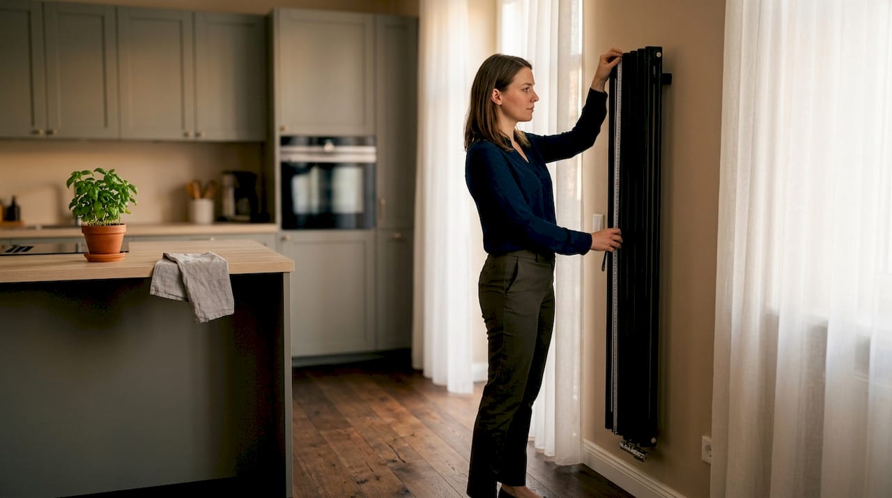 Woman inspecting designer radiator in modern home