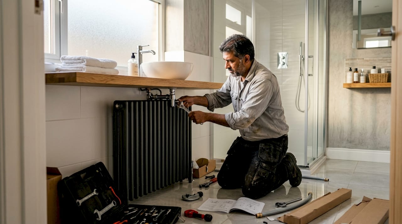 Installer fitting column radiator in kitchen