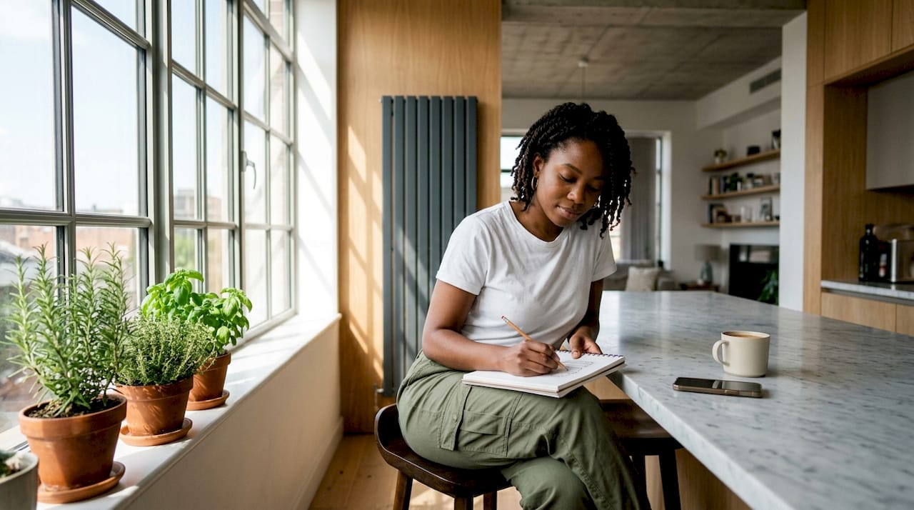 Woman sketching radiator style in living room