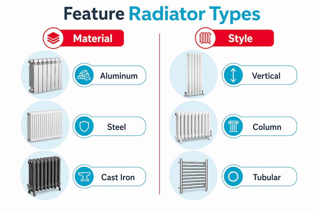 Infographic comparing feature radiator materials and styles