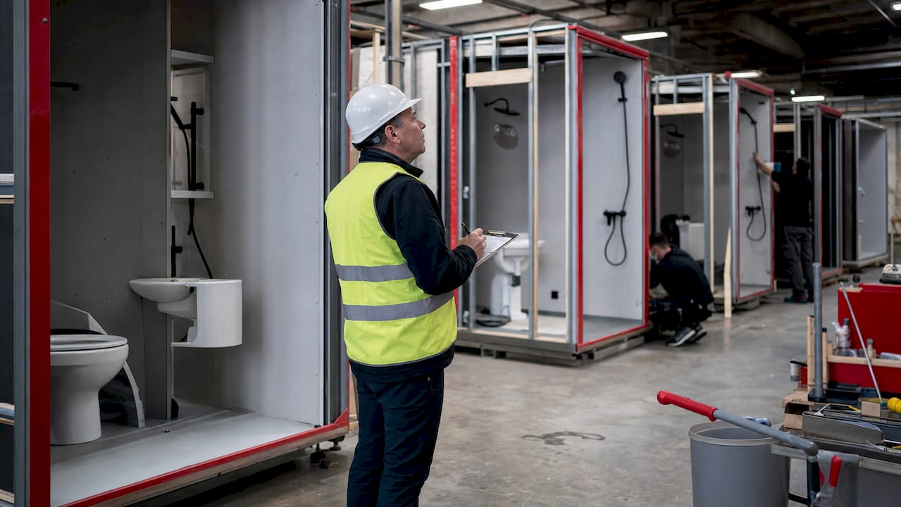 Factory supervisor inspecting bathroom pods production