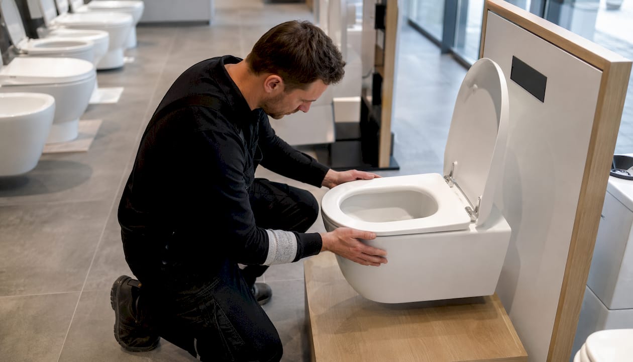 Vīrietis veikalā apskata bezapmales tualetes podu