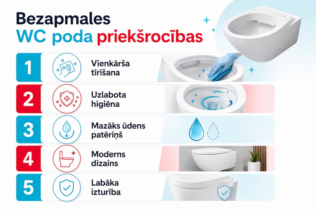 Infografika: Kāpēc izvēlēties bezapmales tualetes podu – galvenie ieguvumi