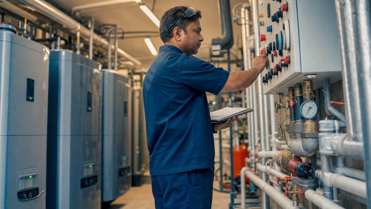 Technician inspecting communal boiler control room