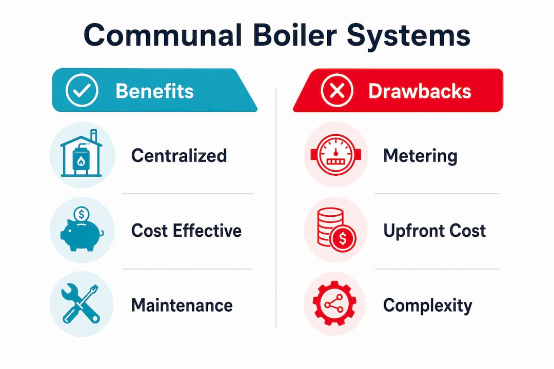 Infographic comparing benefits and drawbacks of communal boiler systems
