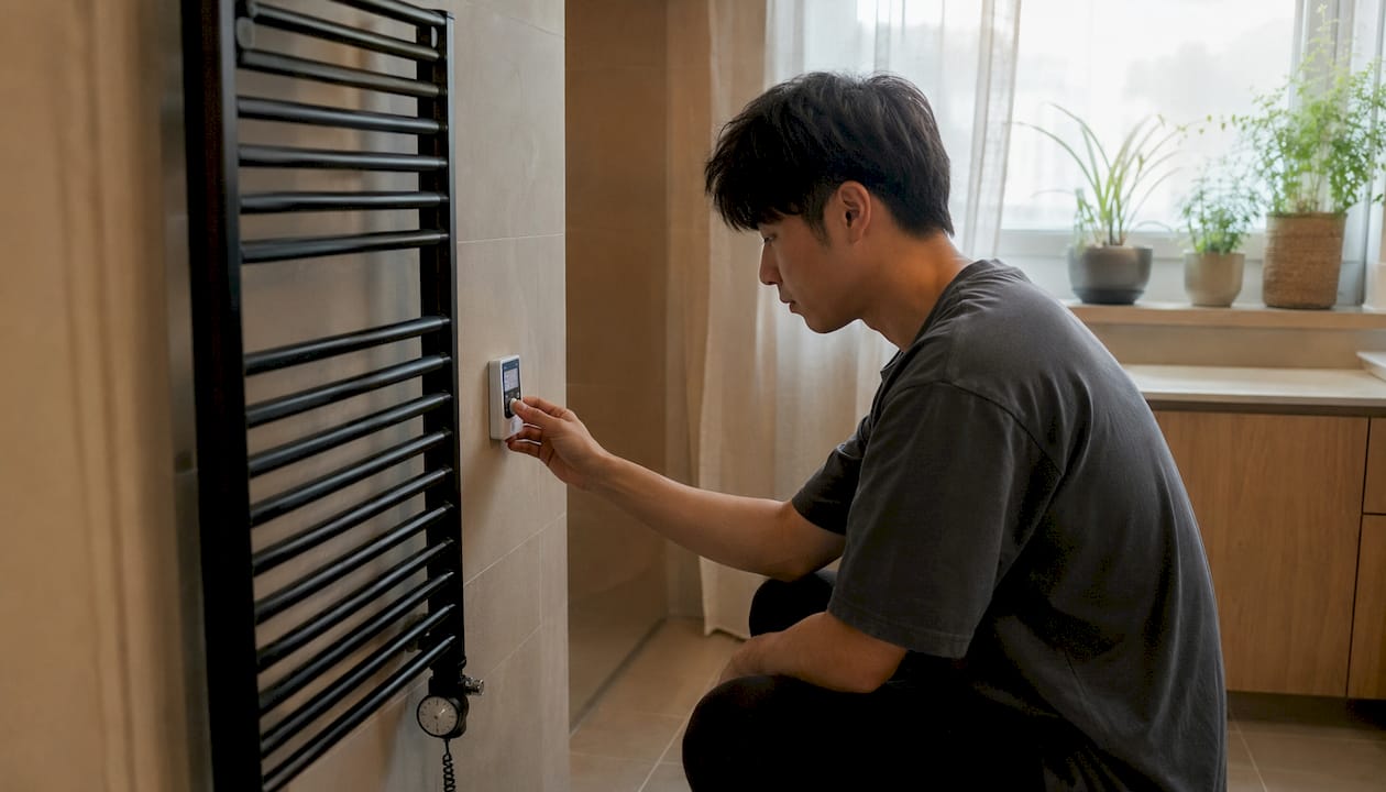 Man checking energy meter near towel radiator