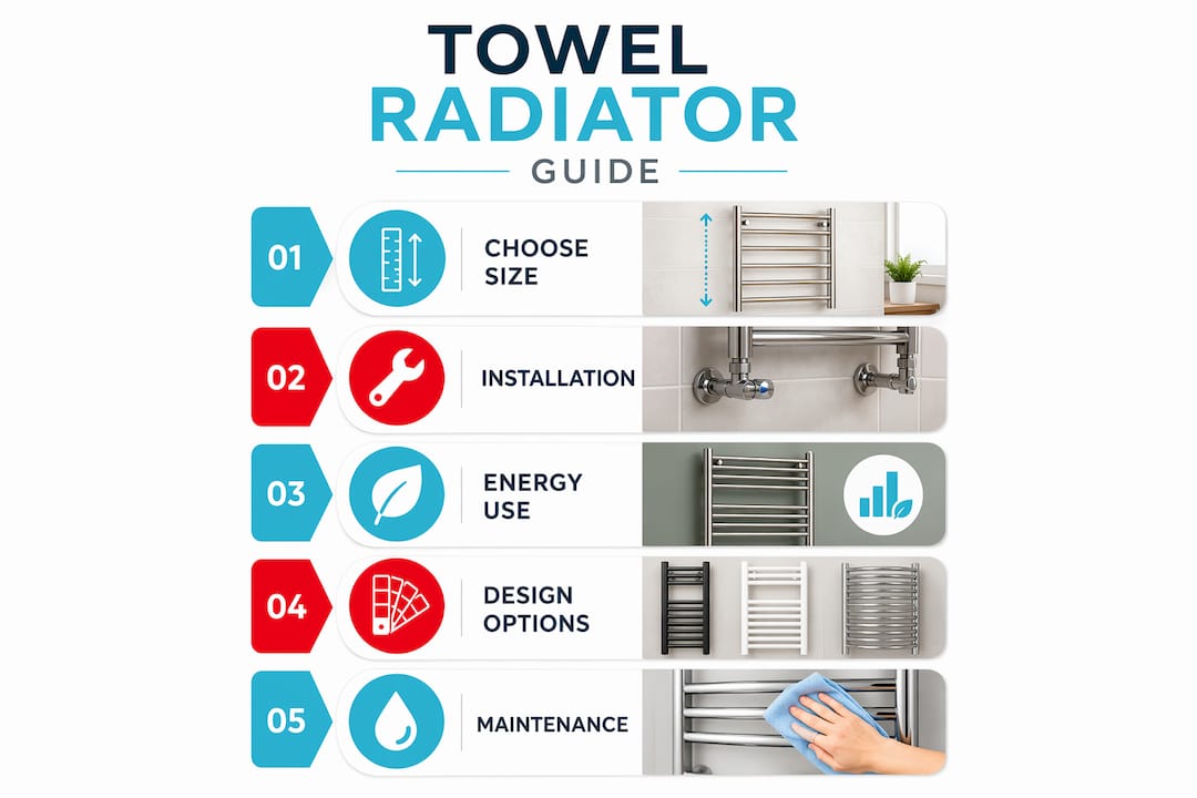 Infographic showing towel radiator sizing and benefits