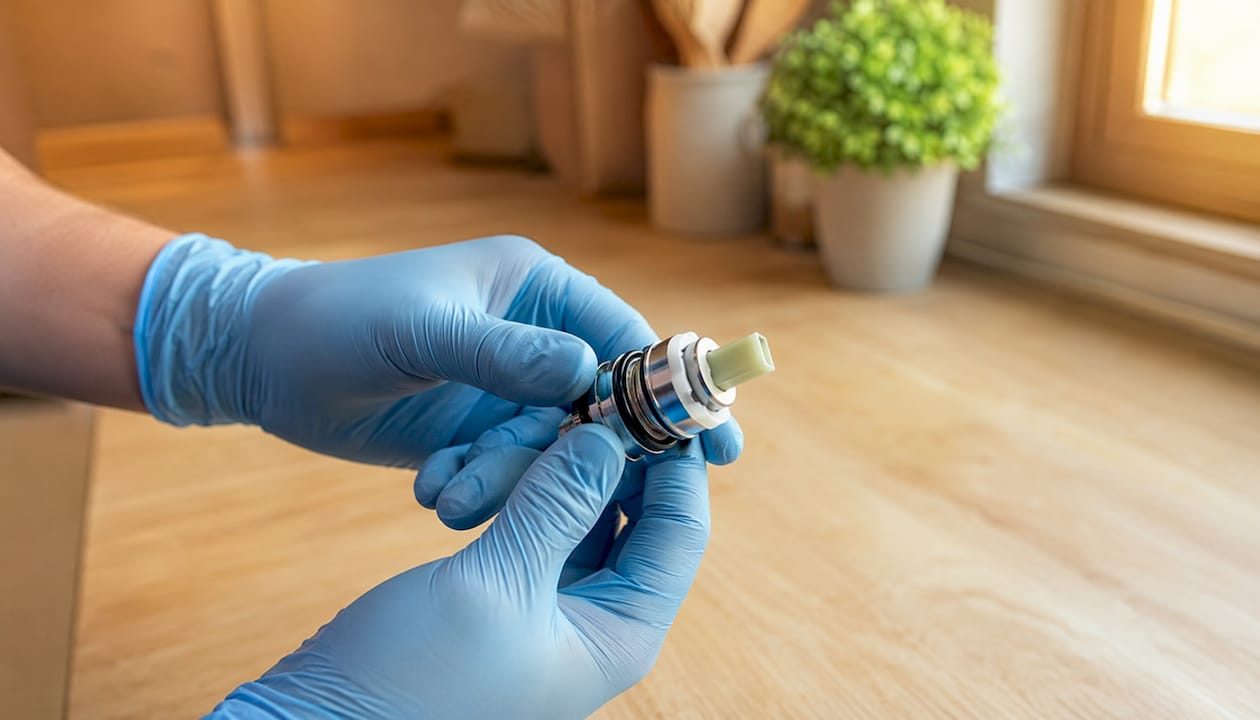 Close-up of shower mixer valve cartridge
