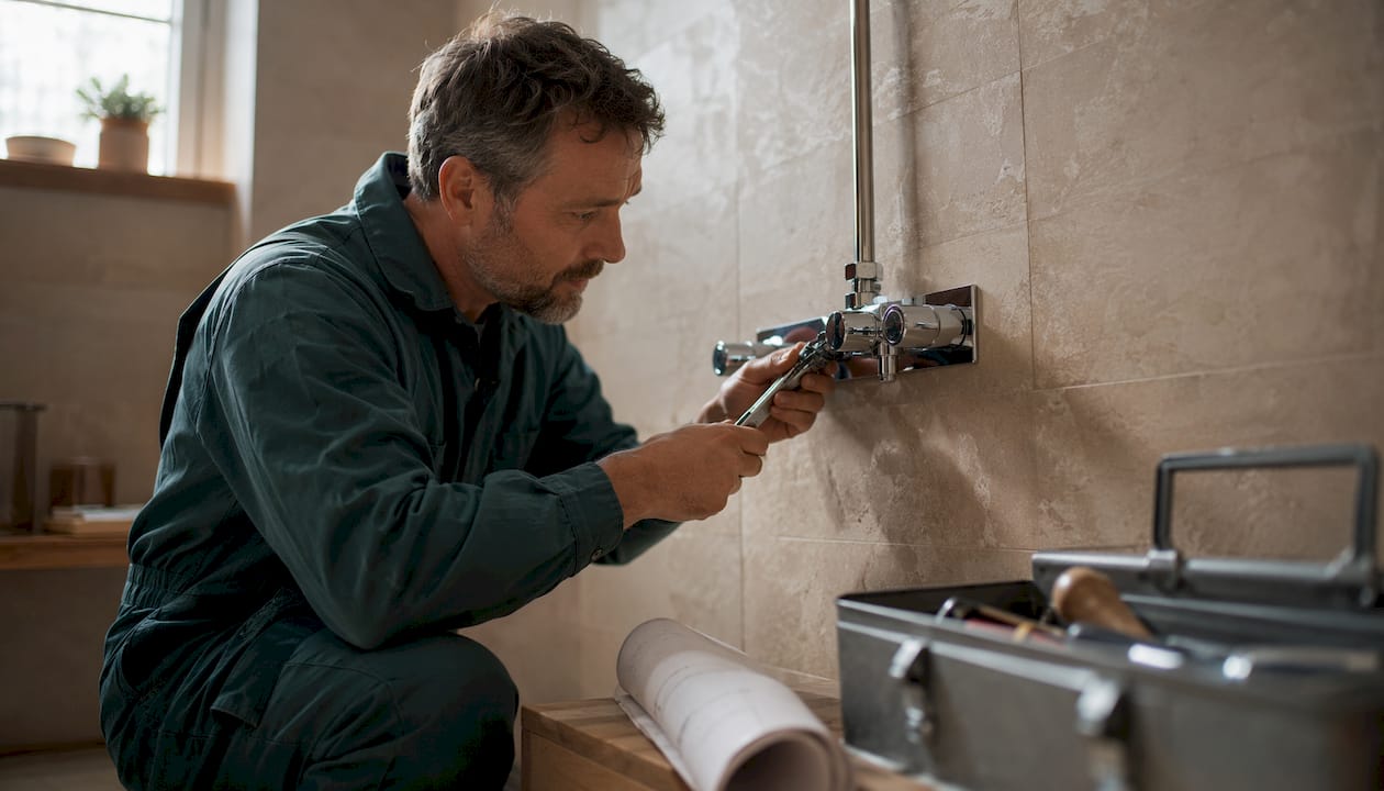 Plumber installing shower mixer valve