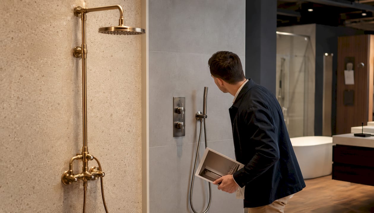 Bathroom showroom with exposed and concealed mixers