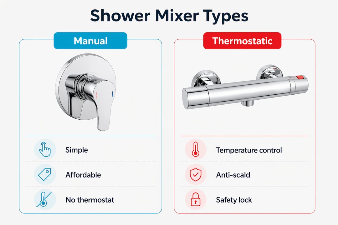 Infographic comparing manual and thermostatic shower mixers
