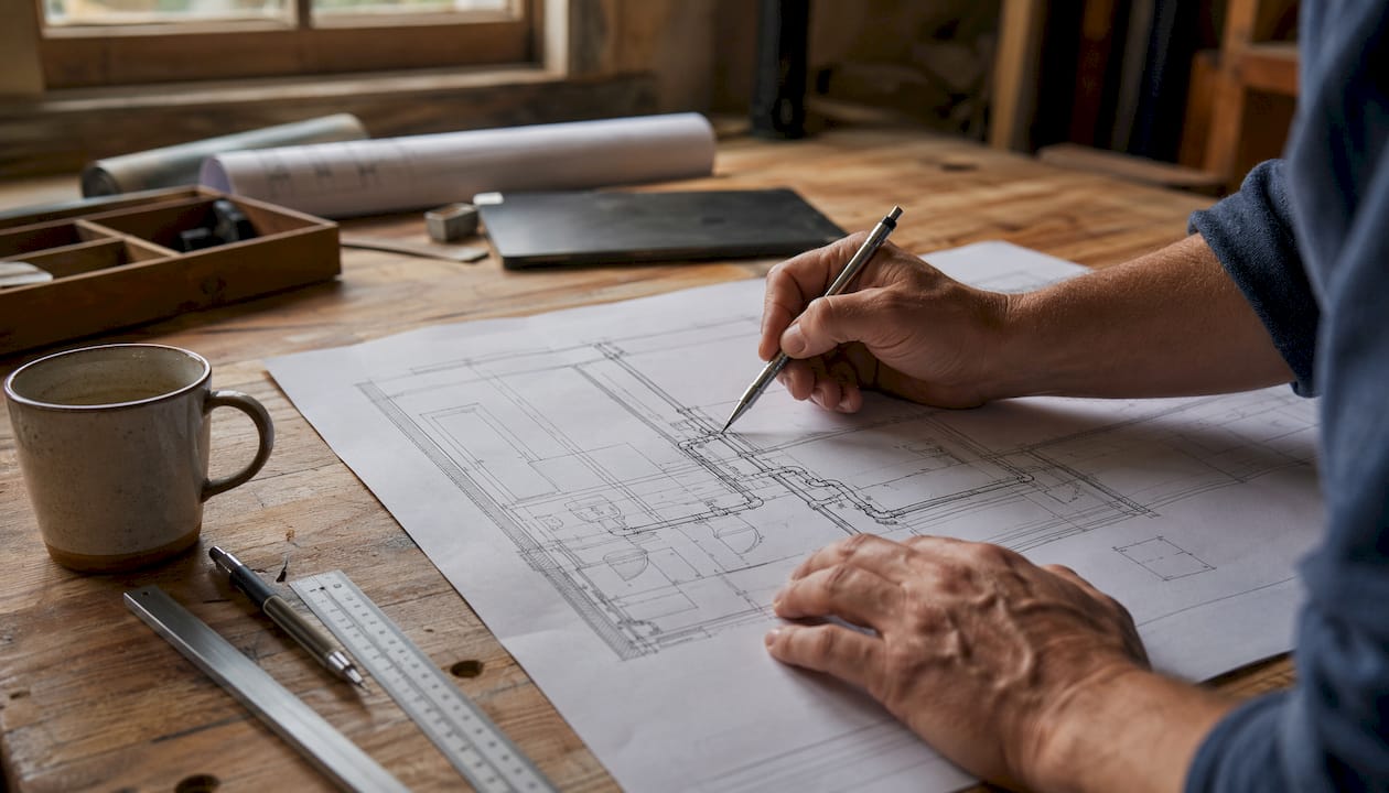 Hands pointing at one-pipe plumbing blueprint on table