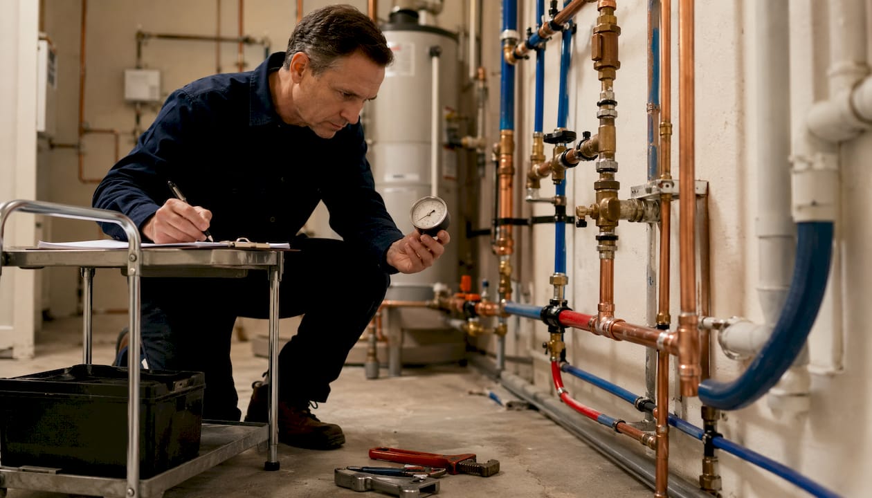 Plumber inspecting potable water supply plumbing