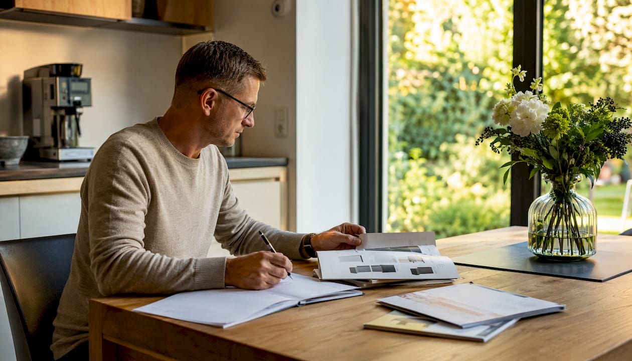 Latvian buyer reviewing supplier documents at desk