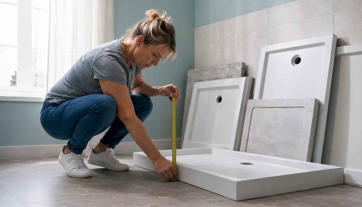 Woman measuring square shower tray in bathroom