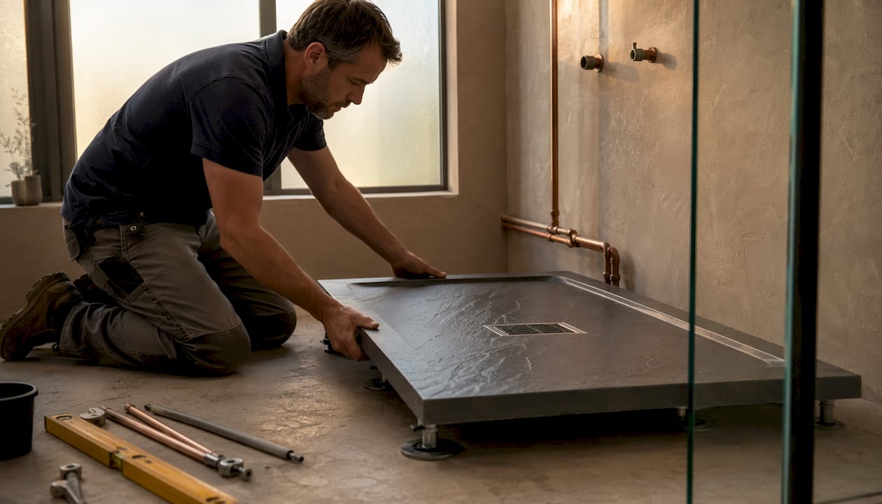 Plumber installing stone resin shower tray