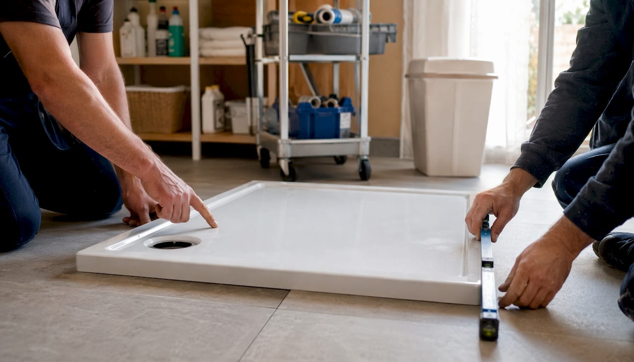 Hands aligning shower tray drain position