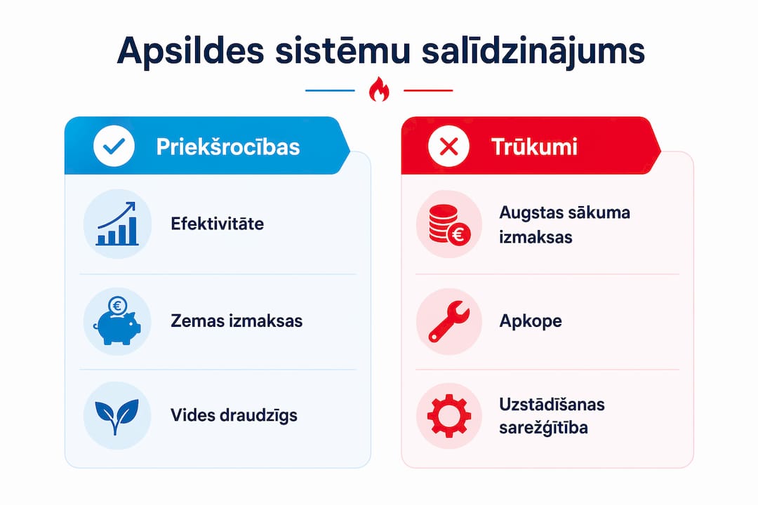 Pārskatāma infografika, kurā viegli salīdzināt dažādas apkures sistēmas un to galvenās atšķirības.