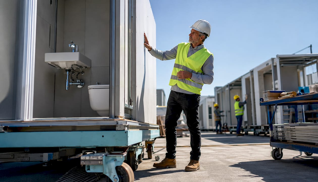 Factory supervisor inspecting prefab bathroom unit