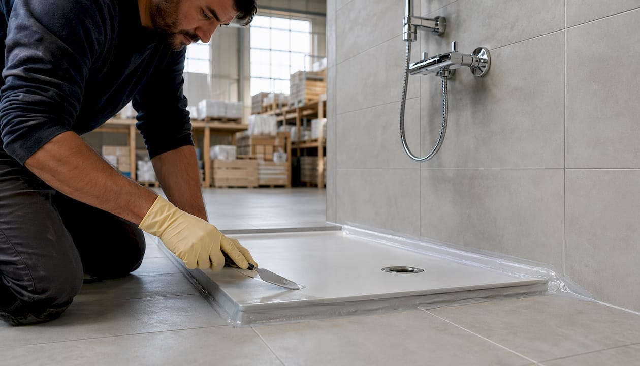 Hands applying waterproof sealant to bathroom tray