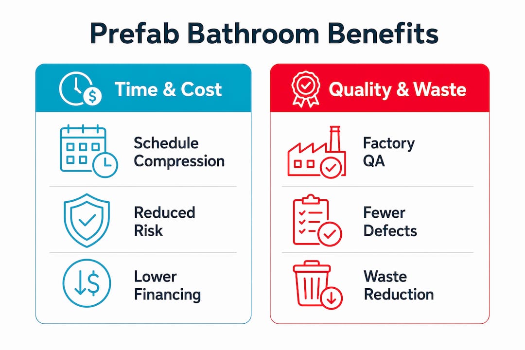 Infographic comparing time, cost, quality, and waste benefits of prefab bathrooms