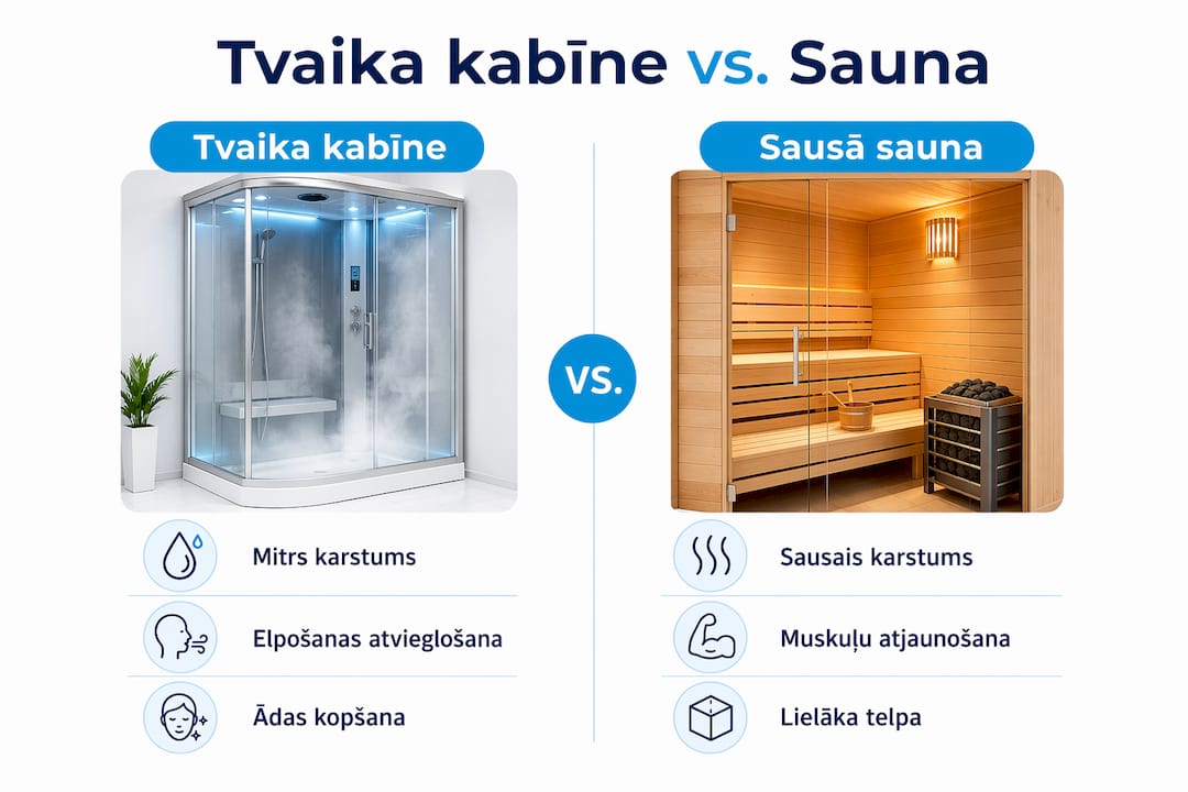 Salīdzinoša infografika: tvaika kabīne vai sauna – kura piemērotāka Tavām vajadzībām?
