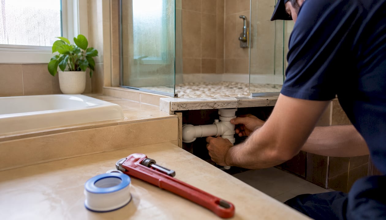 Plumber installing shower waste trap under shower pan