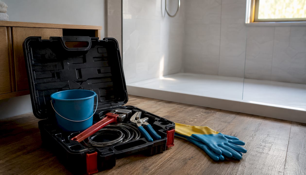 Plumber’s toolkit ready for shower trap maintenance