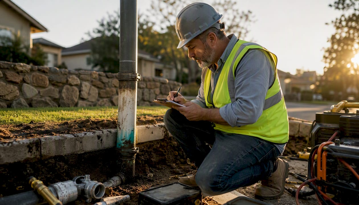 Contractor inspecting trenchless sewer pipe outdoors