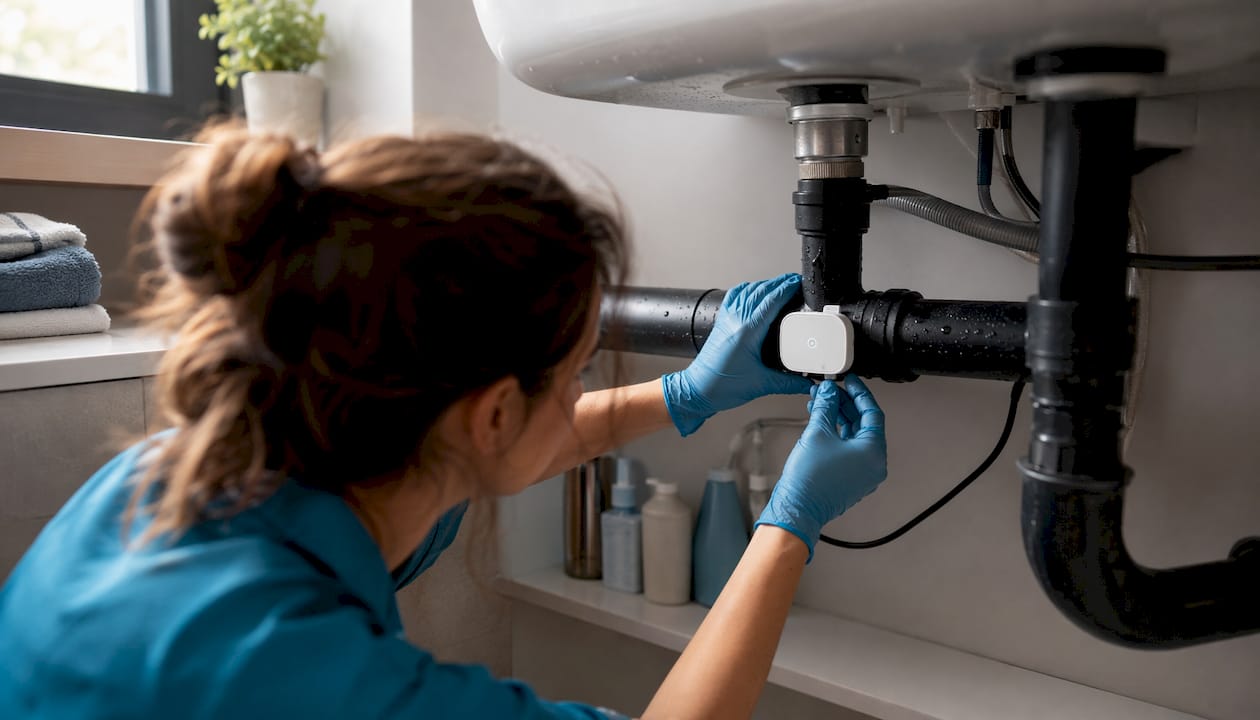 Plumber hands installing IoT leak detector device