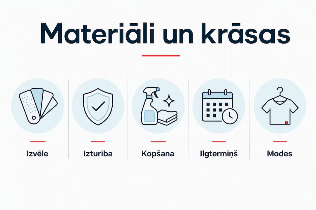 Infografika ar pārskatu par vannasistabas materiāliem un krāsu izvēli – galvenie akcenti un ieteikumi