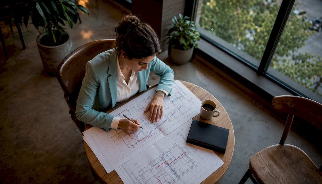 Architect examining ventilation plans at studio table