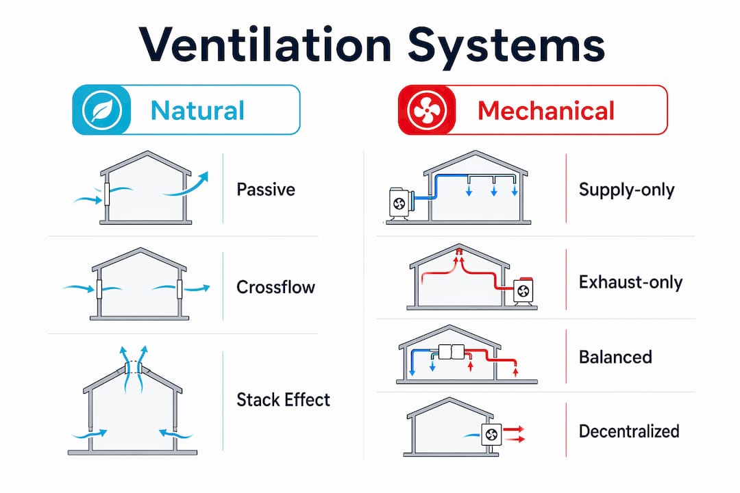 Infographic comparing natural and mechanical ventilation types