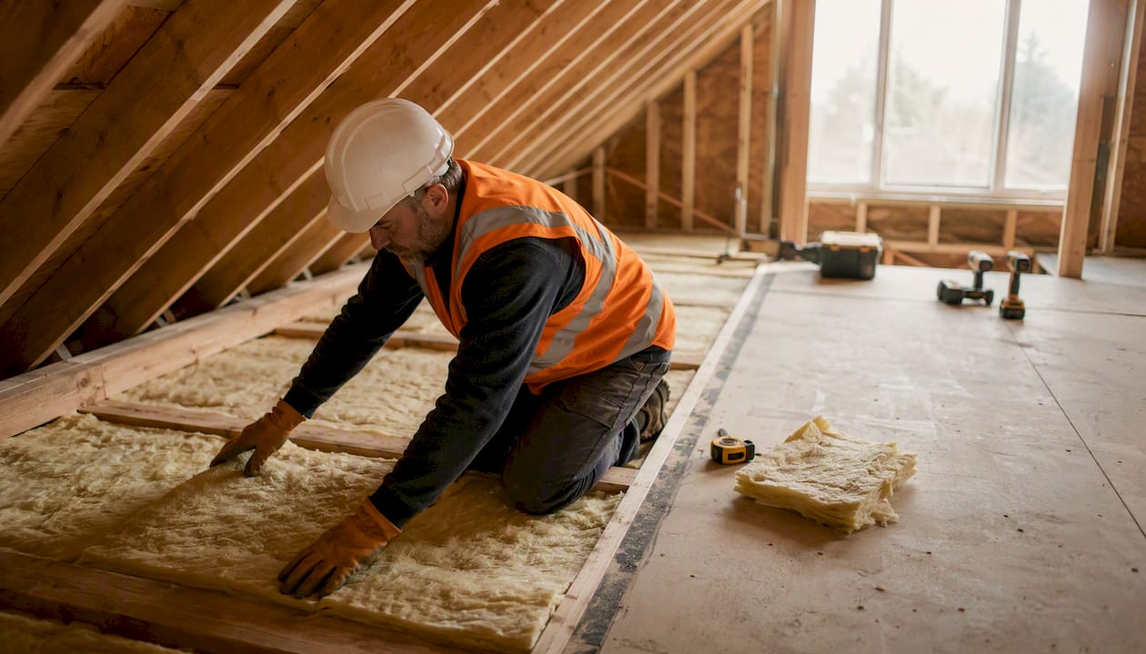 Worker installing batt insulation in wall frame