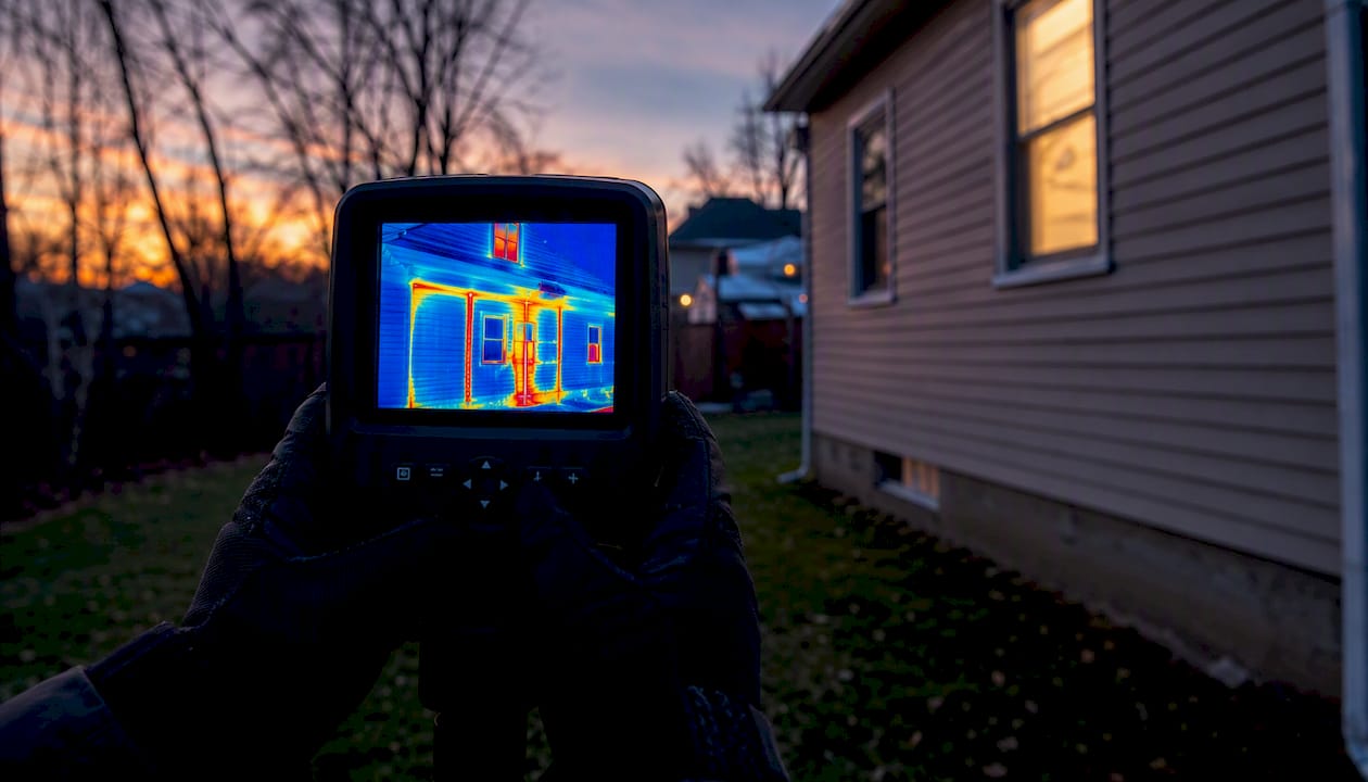 Thermal camera showing heat loss on building wall