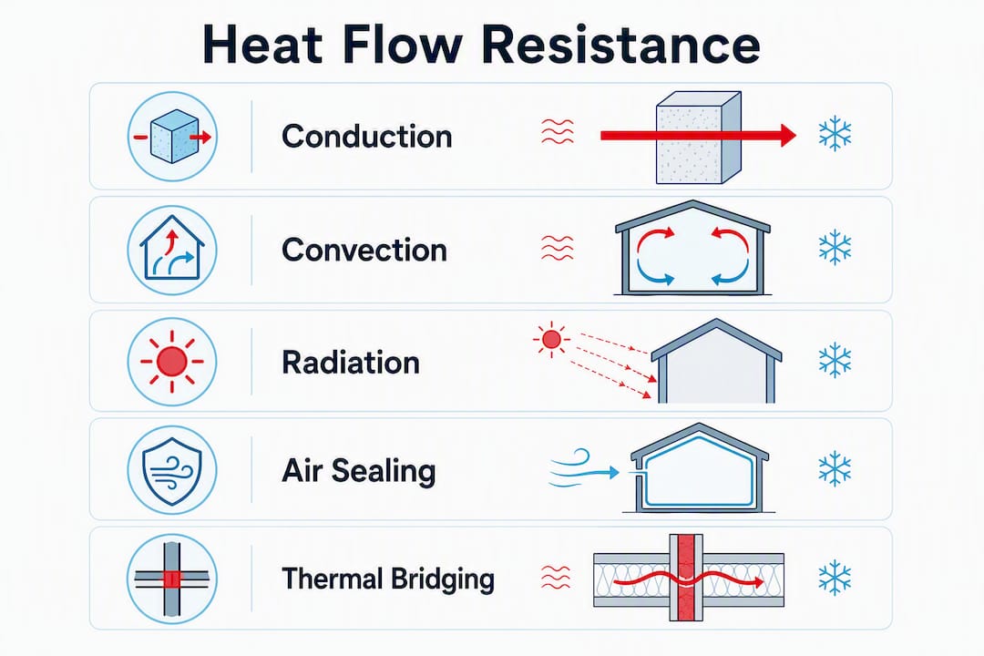 Infographic illustrating insulation heat flow mechanisms
