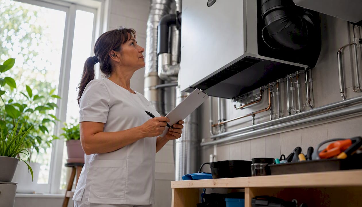Speciālists pārbauda siltuma atgūšanas ventilācijas iekārtu