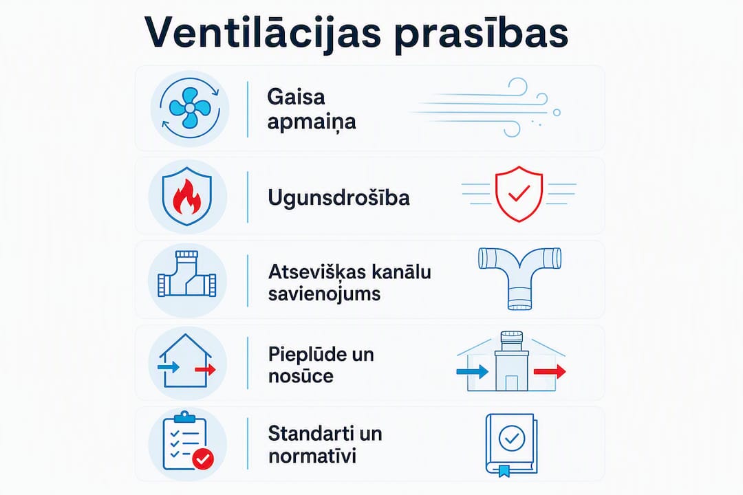 Pārskatāma infografika par ventilācijas prasībām būvniecībā, balstoties uz LBN 231-15 normatīvajiem aktiem.