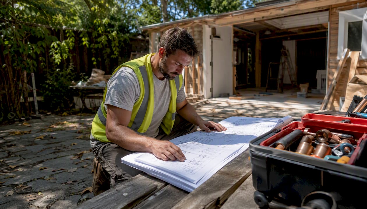 Plumber examining plumbing layout plans in kitchen
