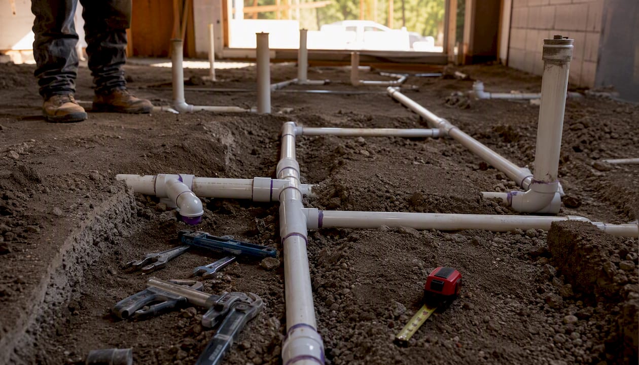 Sanitary drainage pipes laid out on floor slab formwork
