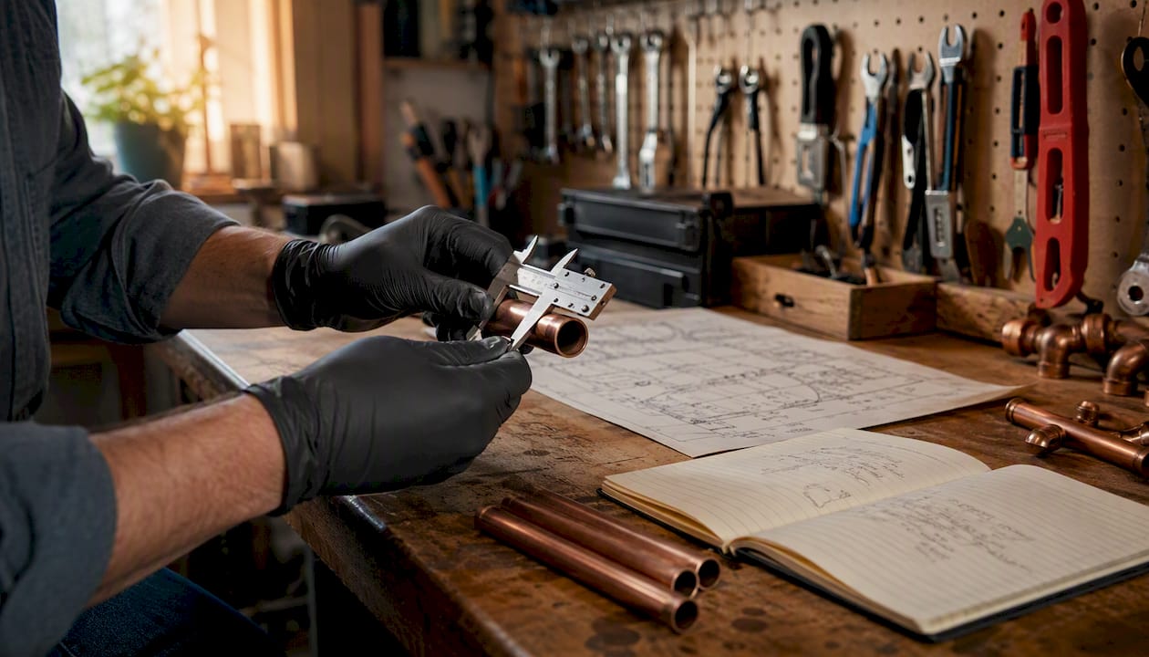 Hands measuring copper pipes with caliper
