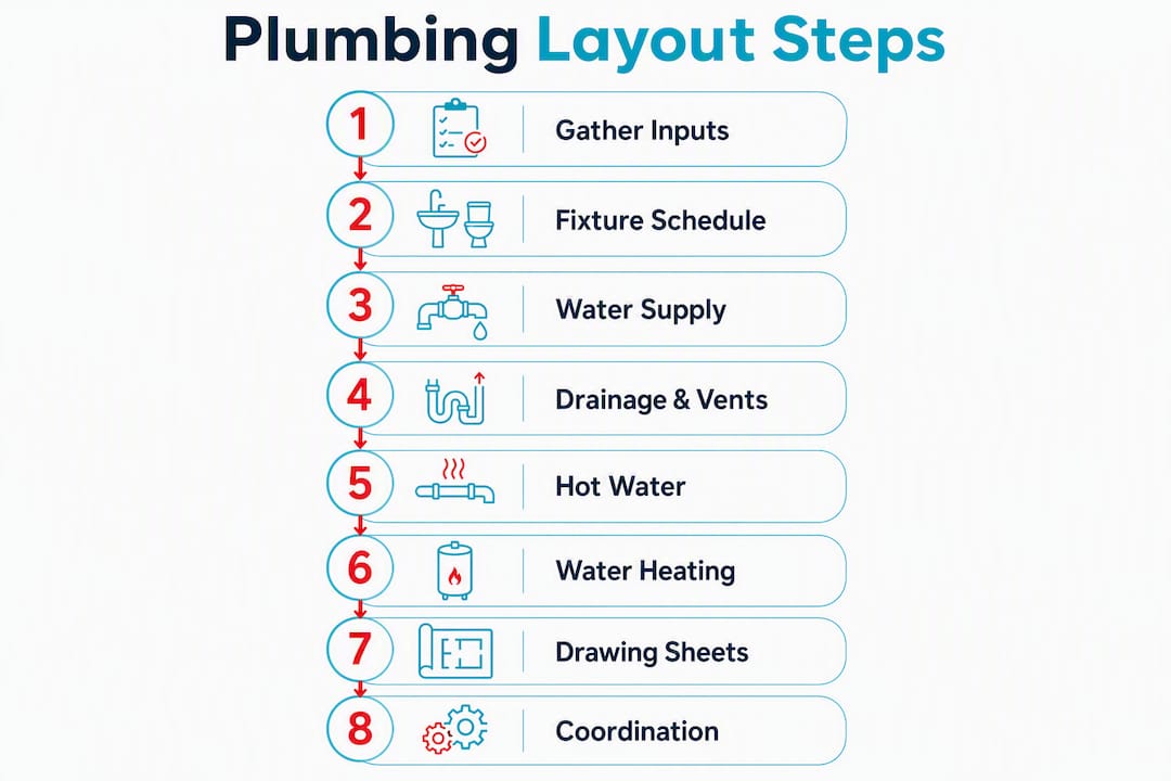 Infographic illustrating step-by-step plumbing layout process