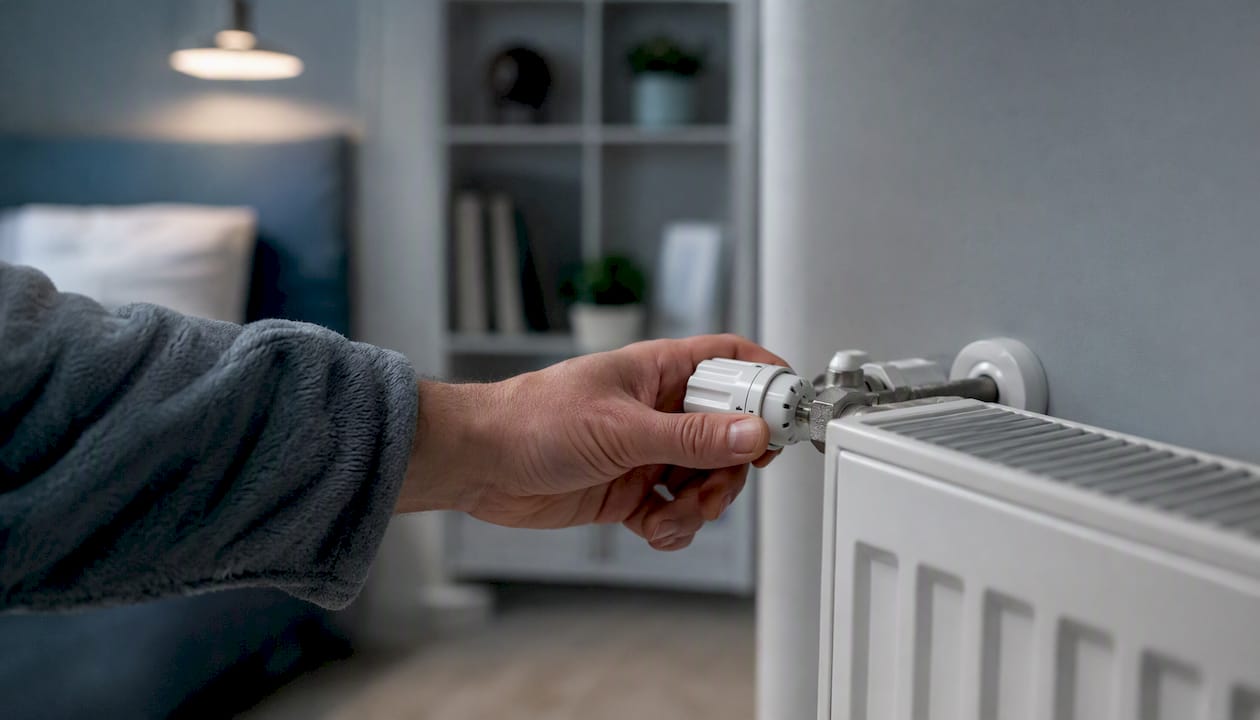 Ar roku pieregulē radiatora temperatūru guļamistabā.