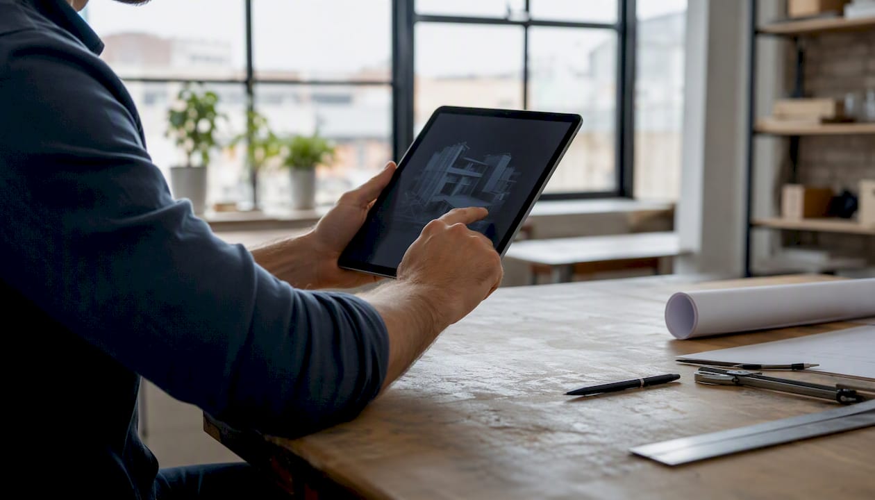Engineer hands with tablet showing BIM model blurred