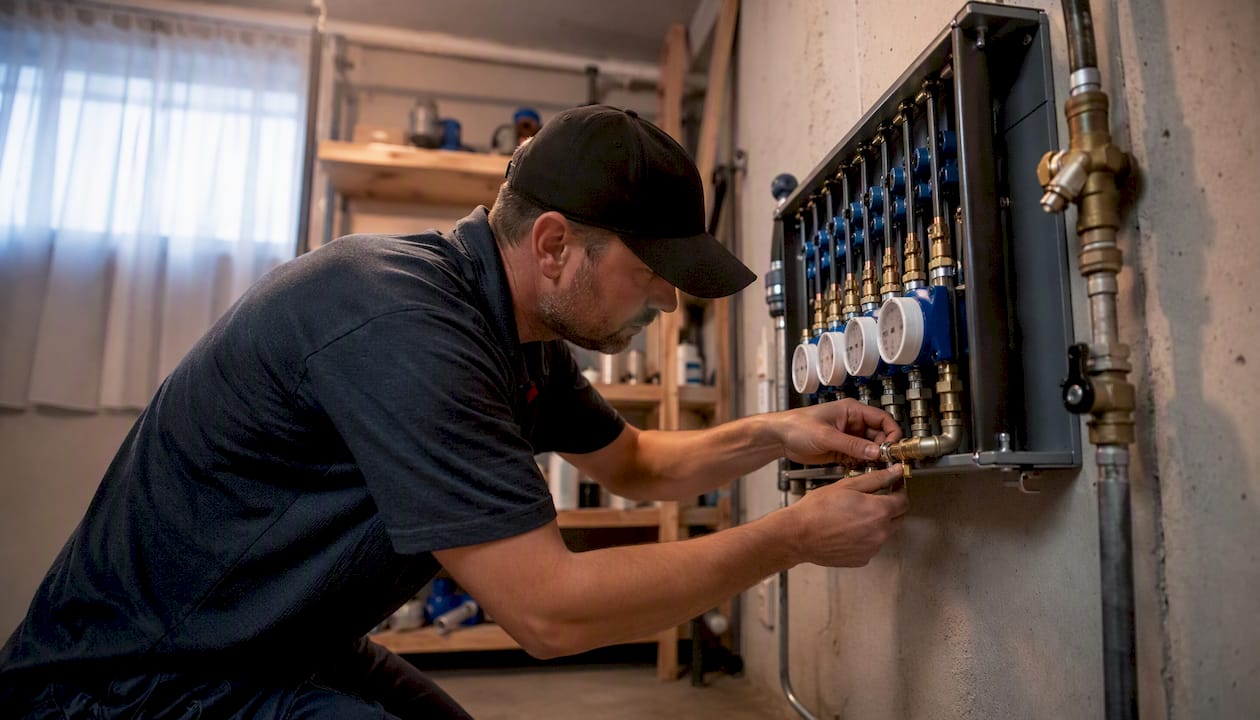 Technician installing water submeter in utility room