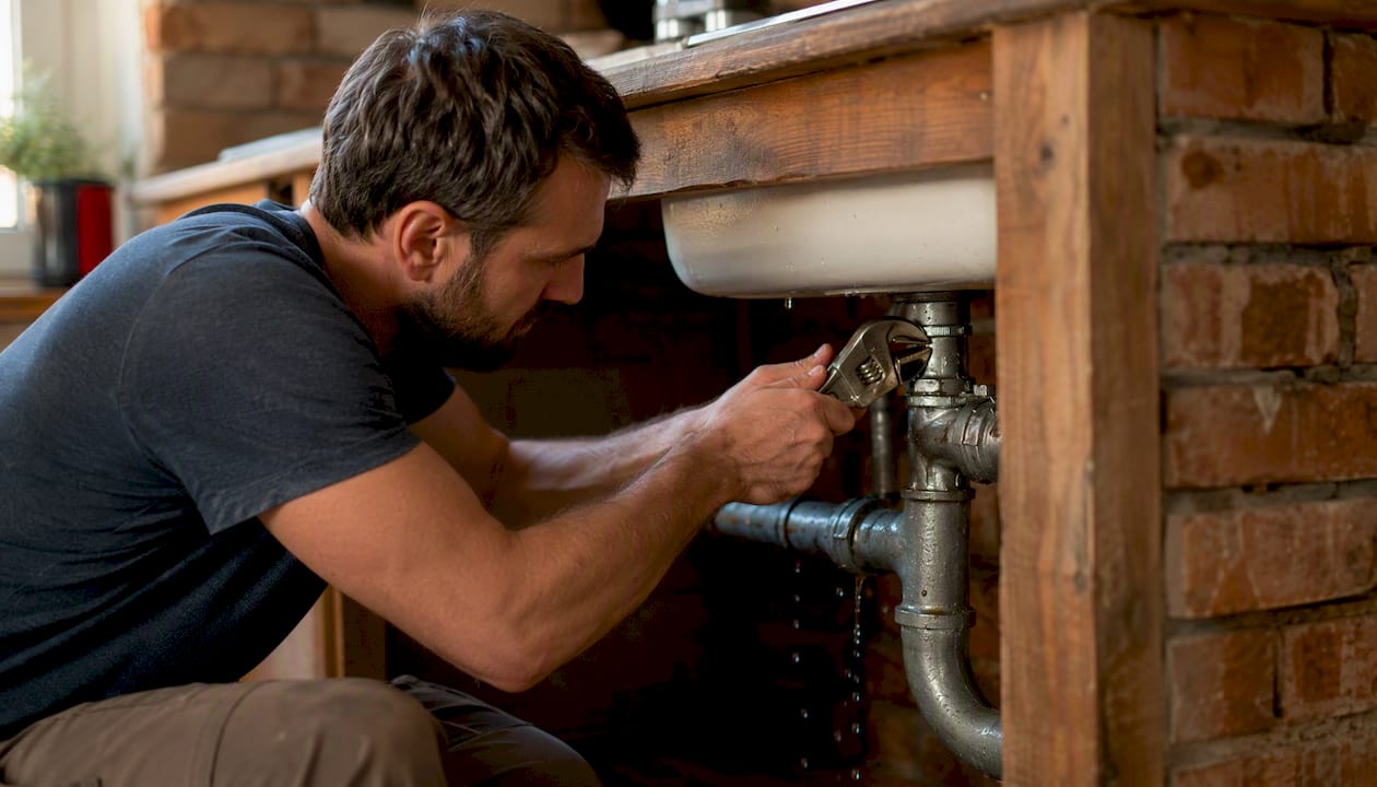 Plumber tightening leaking pipe joint under sink